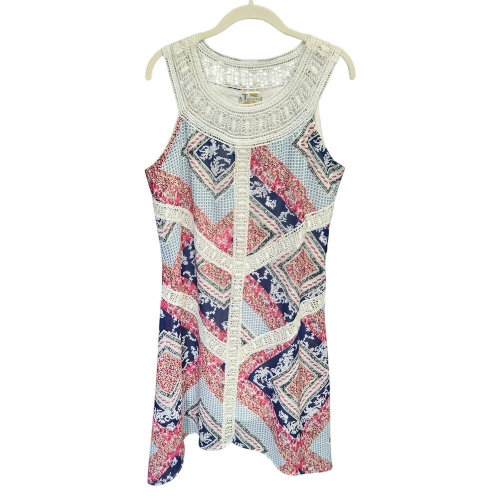 Tanzara Dress Large Boho Geometric Print‎ Crochet Trim Handkerchief Hem Lined